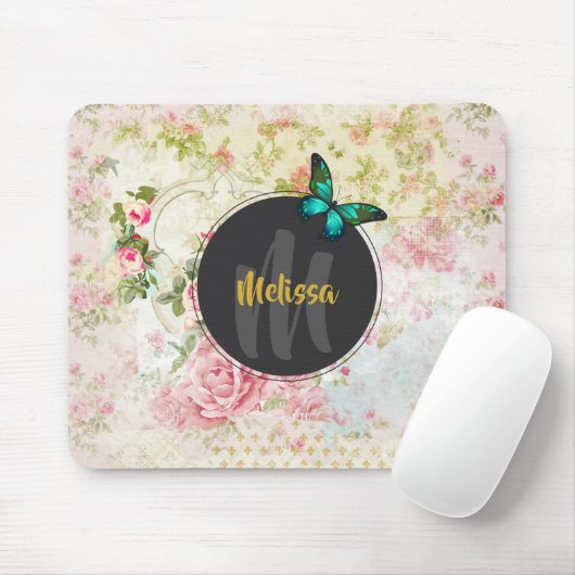 Green Butterfly op Chic Collage Monogram Muismat (Met muis)