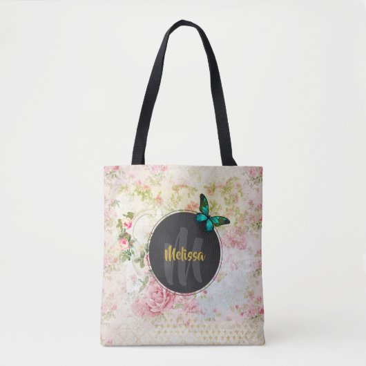 Green Butterfly op Chic  Collage Monogram Tote Bag (Voorkant)