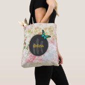 Green Butterfly op Chic  Collage Monogram Tote Bag (Dichtbij)