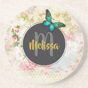 Green Butterfly op Chic  Collage Monogram Zandsteen Onderzetter