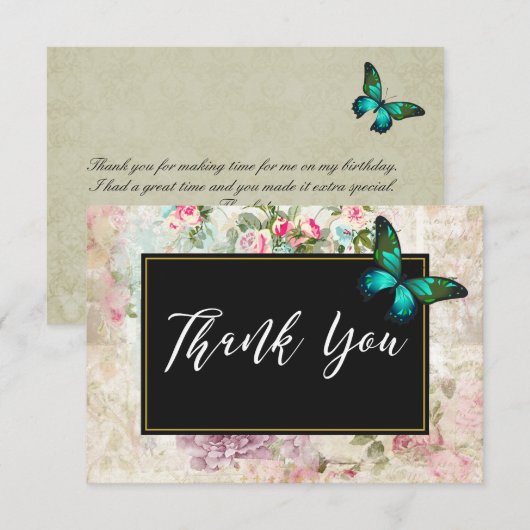 Green Butterfly op roze rozen Collage Dank u Bedankkaart (Voorkant / Achterkant)