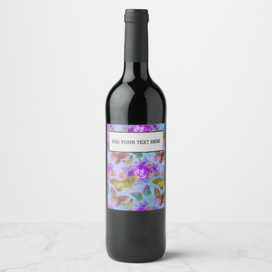 Green Butterfly Purple Rose Garden Pattern Wijn Etiket (Voorkant)