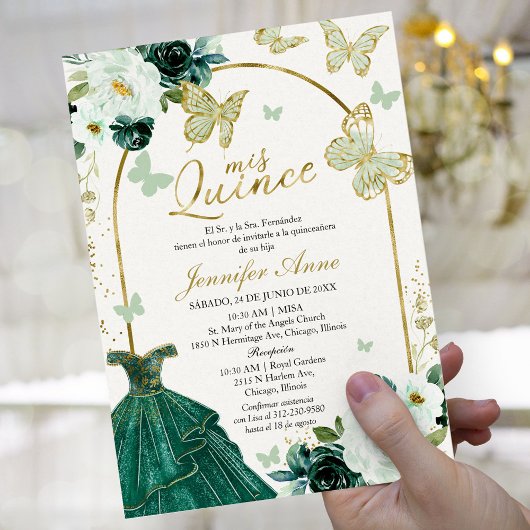 Green Butterfly Spain Quinceanera Invitations Kaart