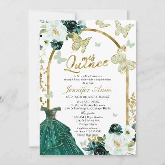 Green Butterfly Spain Quinceanera Invitations Kaart (Voorkant)
