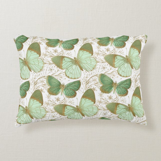 Green Butterfly White Floral Flower Blossom Accent Kussen (Voorkant)