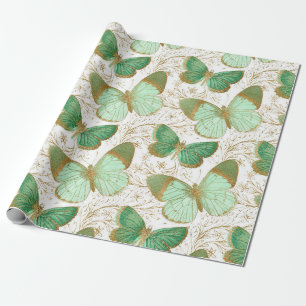 Green Butterfly White Floral Flower Blossom Cadeaupapier