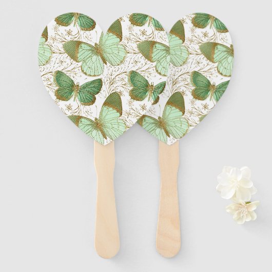 Green Butterfly White Floral Flower Blossom Handwaaier (Voorkant en achterkant)