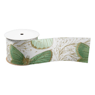 Green Butterfly White Floral Flower Blossom Satijnen Lint