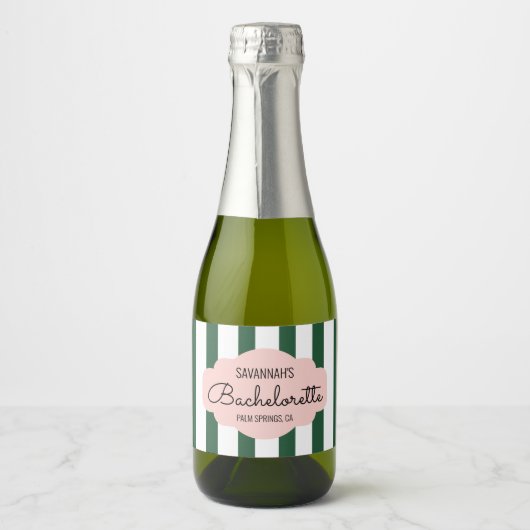 Green Cabana Stripes Bachelorette Party Favor Sparkling Wijnetiket (Voorkant)