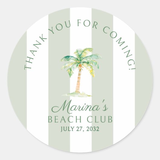 Green Cabana Stripes Palm Beach Club Thank You Ronde Sticker (Voorkant)