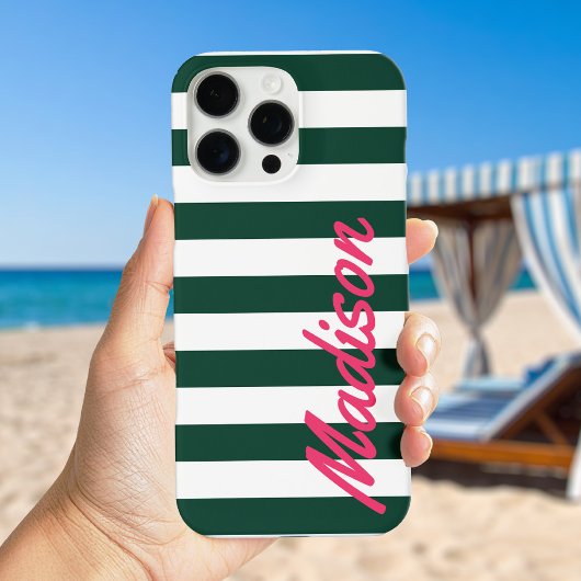 Green Cabana Stripes Retro Monogram Case-Mate iPhone Case