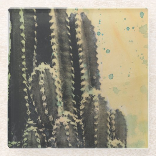 Green Cactus on Yellow Background Glazen Onderzetter (Voorkant)