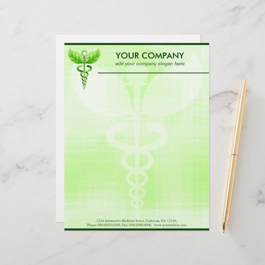 Green Caduceus Alternative Medicine Symbool Briefhoofd Ontwerp (Voorkant / Achterkant in situ)