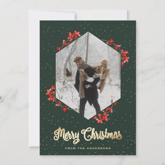 Green Calligraphy Red Berries Snow Feestdagenkaart (Voorkant)