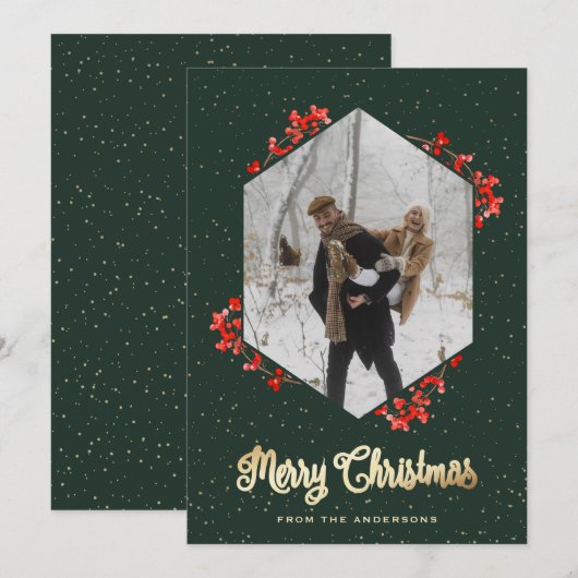 Green Calligraphy Red Berries Snow Feestdagenkaart (Voorkant / Achterkant)