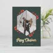 Green Calligraphy Red Berries Snow Feestdagenkaart (Staand voorkant)