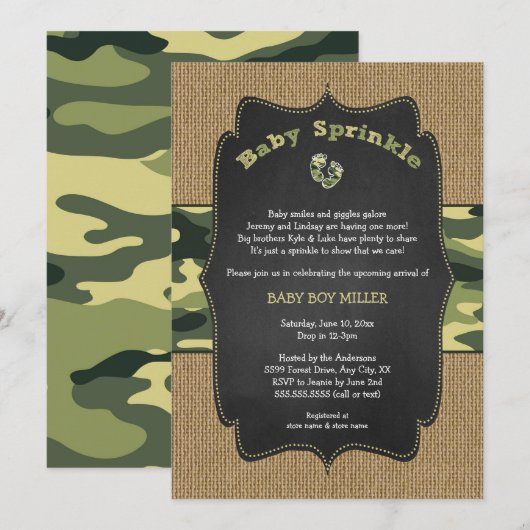 Green Camo Baby Sprinkle Invite, camouflage burlap Kaart (Voorkant / Achterkant)