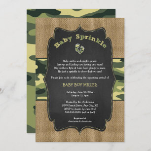 Green Camo Baby Sprinkle Invite, camouflage burlap Kaart