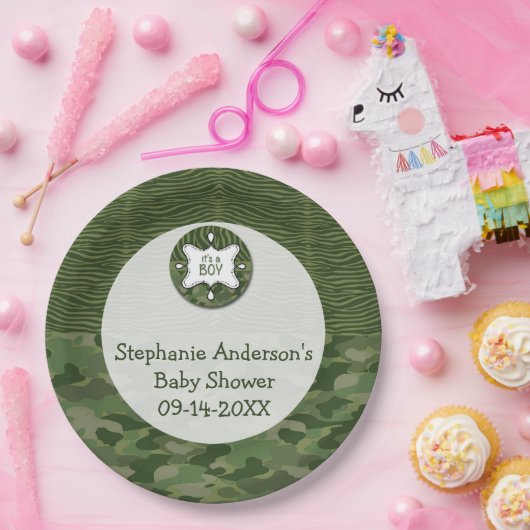 Green Camo Boy Baby shower Paper Party Borden Papieren Bordje (Feest)