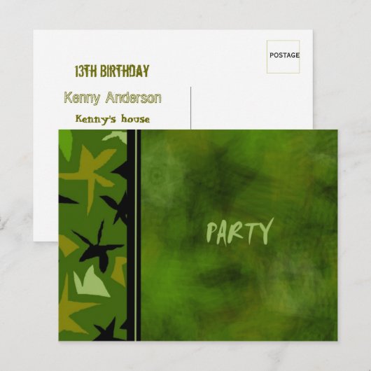 Green Camo Boys Birthday Party Invitation Uitnodiging Briefkaart (Voorkant / Achterkant)