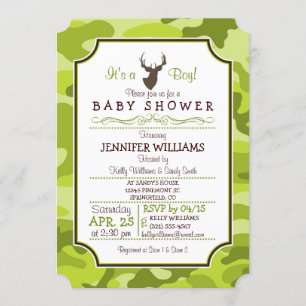 Green Camo, Deer; Boy Baby shower Uitnodiging