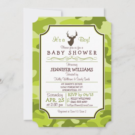 Green Camo, Deer; Jongen Baby shower Uitnodiging (Voorkant)