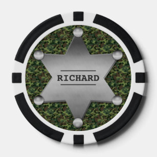 Green Camouflage Pattern Sheriff Name Badge Pokerchips