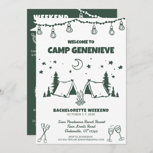 Green Camping Bachelorette Weekendfeest Kaart (Voorkant / Achterkant)