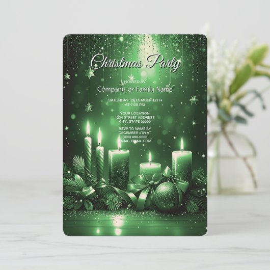 Green Candles Christmas Holiday Party Invitation Kaart (Staand voorkant)