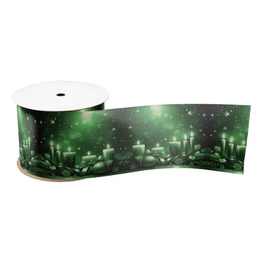 Green Candles Christmas Satin Ribbon Satijnen Lint (Spoel)