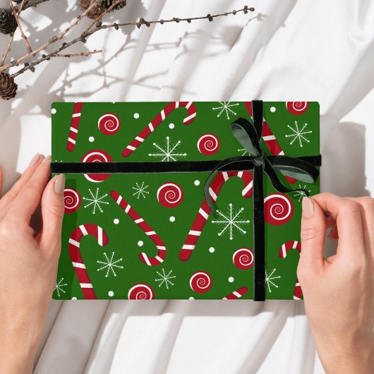 Green Candy Cane & Swirl Christmas Wrapping paper  Cadeaupapier