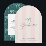 Green Cap Pink Stripes Bow Graduation Announcement Kaart<br><div class="desc">This preppy and coquette graduation announcement features a green graduation cap on a cream background with light pink stripes. Personalize it for your needs. You can find matching products at my store.</div>