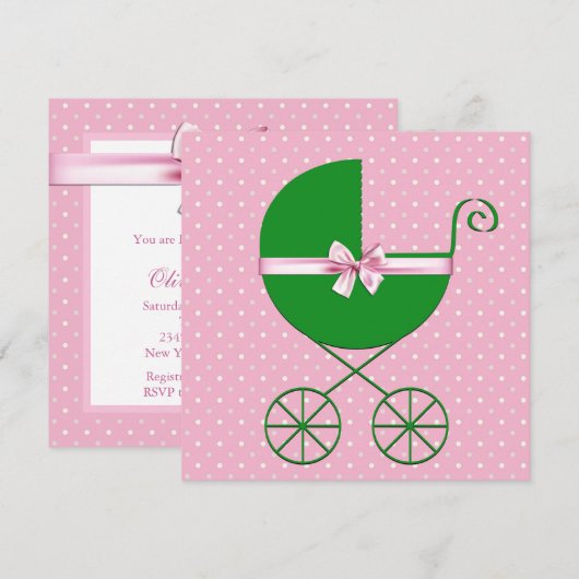 Green Carriage en Pink Polka Dot Baby shower Kaart (Voorkant / Achterkant)