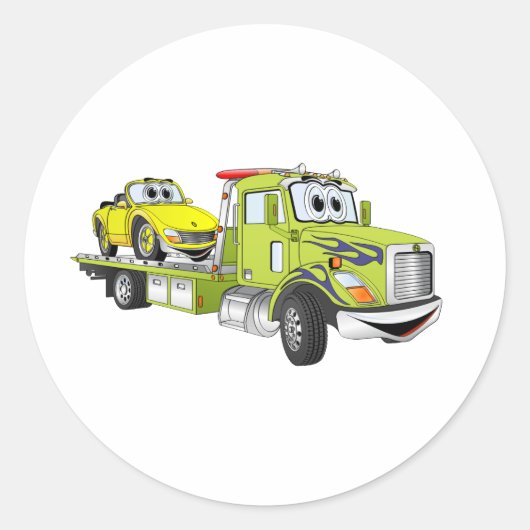 Green Cartoon Flatbed Tow Truck Ronde Sticker (Voorkant)