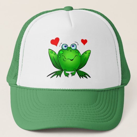 Green Cartoon Frog Cute Smile Hearts Trucker Hat Trucker Pet (Voorkant)