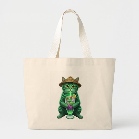 Green cat drinking ice grote tote bag (Voorkant)