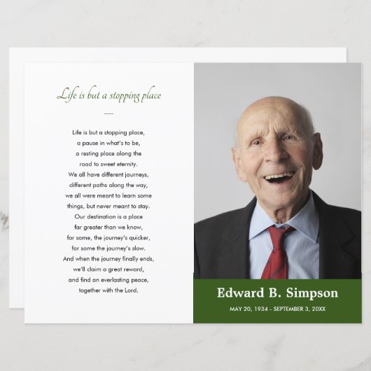 Green Celebration of Life Funeral Programme Foto (Voorkant / Achterkant)