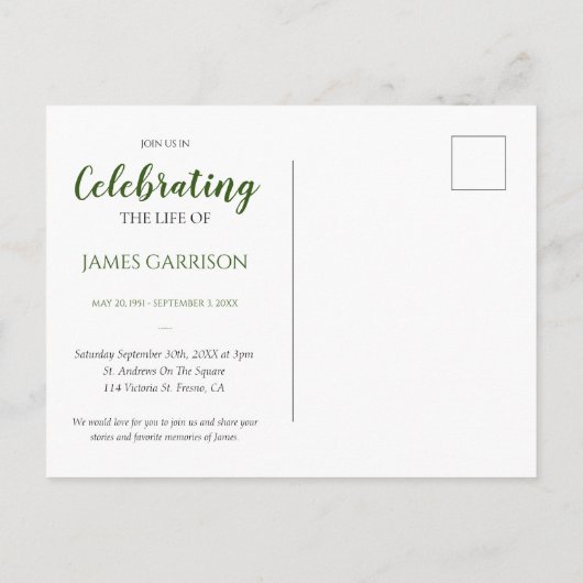 Green Celebration of Life with Photo Memorial Briefkaart (Achterkant)