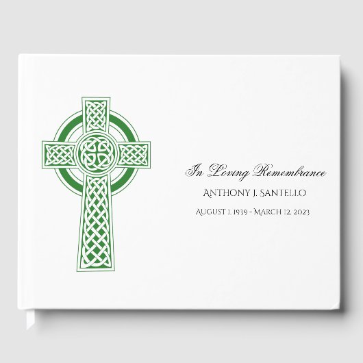 Green Celtic Cross Irish Memorial Funeral Gastenboek (Voorkant)