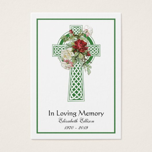 Green Celtic Cross Rozen Funeral Memorial Prayer Visitekaartje (Voorkant)