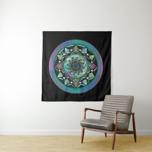 Green Celtic Mystical Mandala Wall Tapestry Wandkleed (In situ)