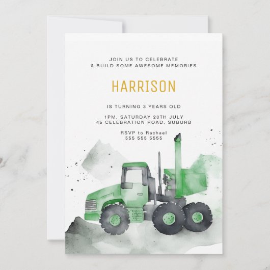 Green Cement Truck Birthday Invitation Kaart (Voorkant)
