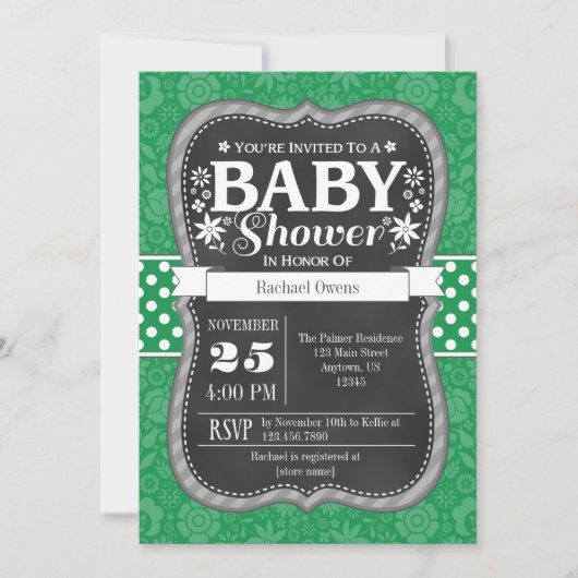 Green Chalkboard Floral Baby shower Invite Kaart (Voorkant)
