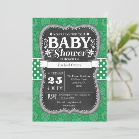 Green Chalkboard Floral Baby shower Invite Kaart (Staand voorkant)