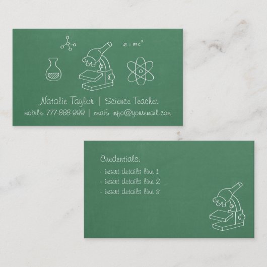 Green Chalkboard Science Teacher Visitekaartjes (Voorkant / Achterkant)