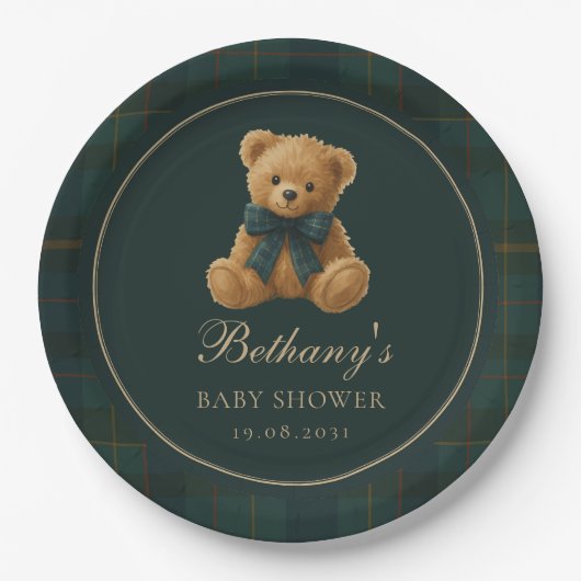 Green Check Polo Teddy Bear Baby Shower Papieren Bordje (Voorkant)