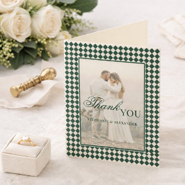 Green Checkered Old Money Photo Wedding Folded Bedankkaart