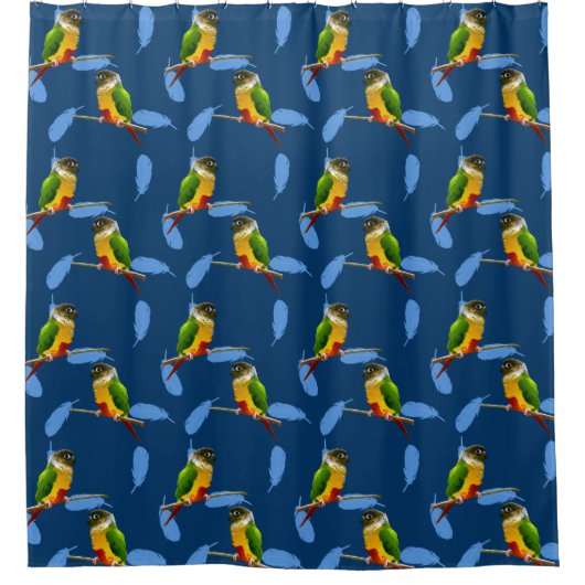 Green Cheeked Conure Vibrant Parrot Feathers Blue Douchegordijn (Voorkant)