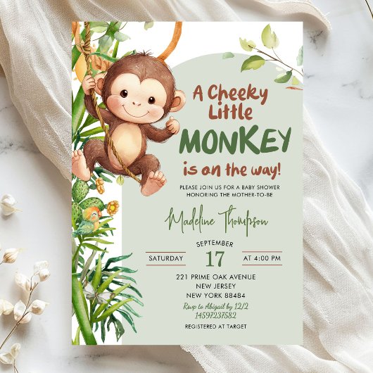 Green Cheeky Little Monkey on the way Baby Shower Kaart