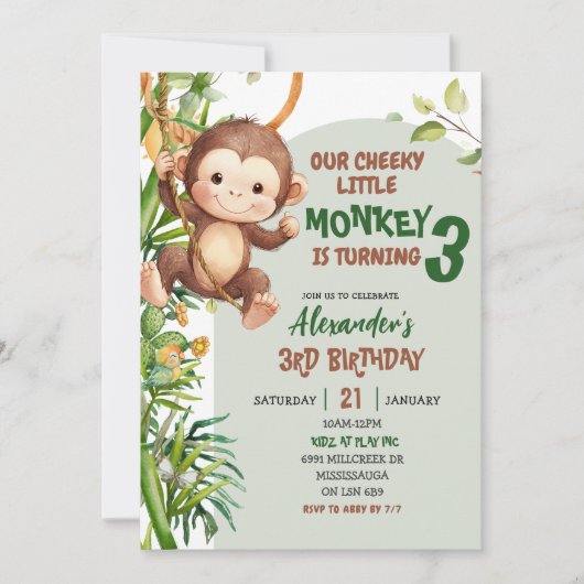 Green Cheeky Little Monkey Savannah Theme Birthday Kaart (Voorkant)